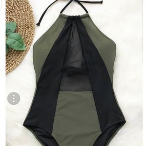 Army green and black  Mesh One-piece Swimsuit